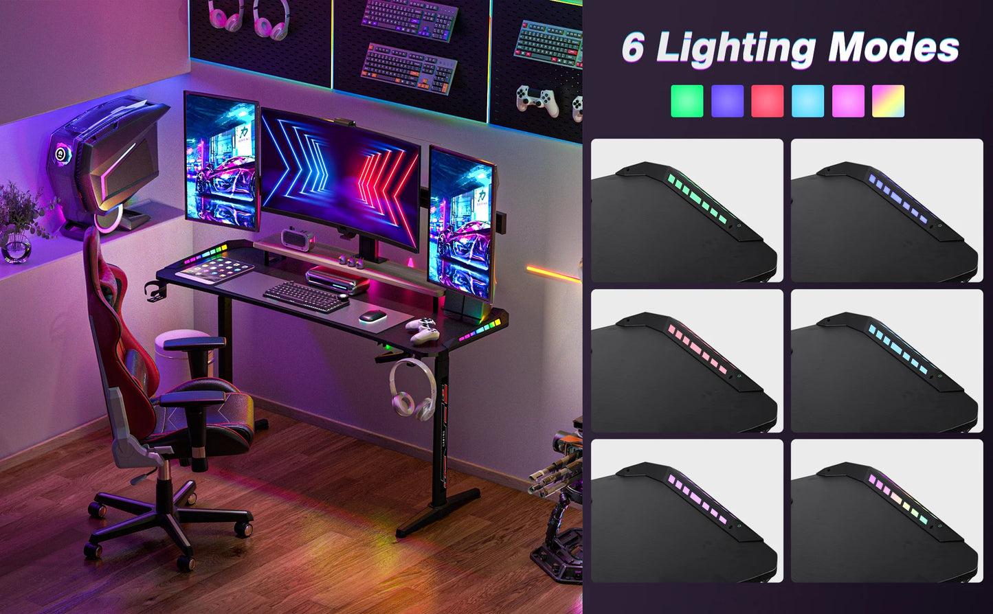 Height Adjustable Gaming Desk Standing Desk, Large Gaming Computer Desk with RGB LED Lights for Gaming and Home Office,Black