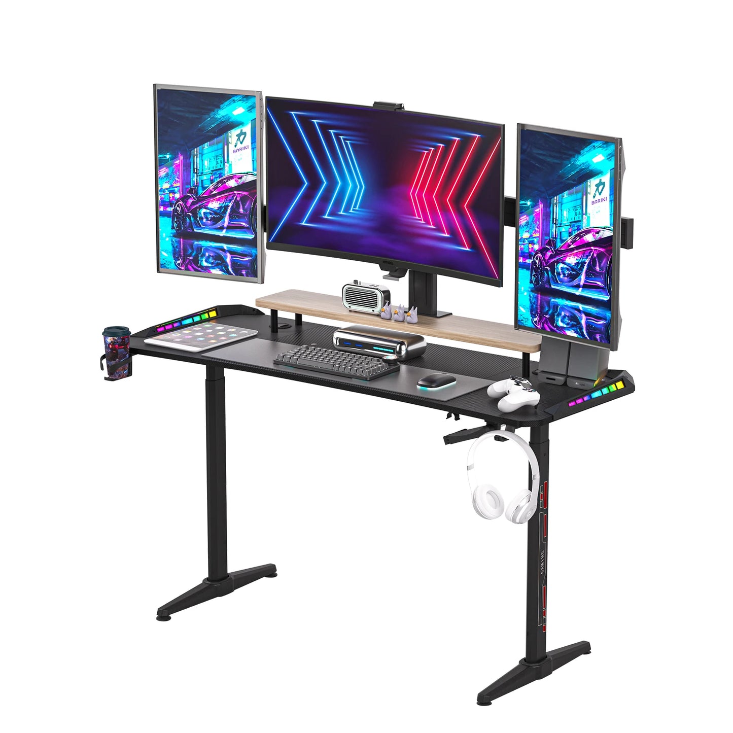 Height Adjustable Gaming Desk Standing Desk, Large Gaming Computer Desk with RGB LED Lights for Gaming and Home Office,Black