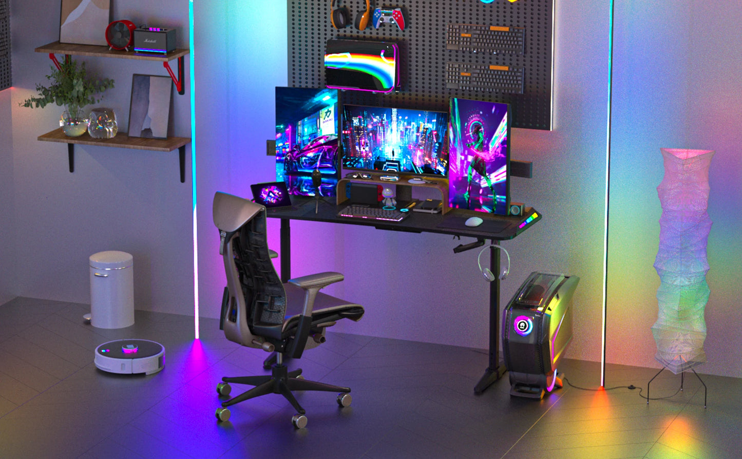 Height Adjustable Gaming Desk Standing Desk, Large Gaming Computer Desk with RGB LED Lights for Gaming and Home Office,Black